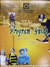 This fall and winter program guide is published by the Parks and Recreation Department of Bloomington, Indiana shows children in various sport and recreation settings (three children in costume, and a boy playing hockey).