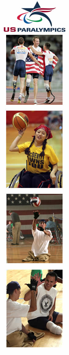 Various images depicting sports at the US Paralympics:  track and field, wheelchair basketball, and sit volleyball